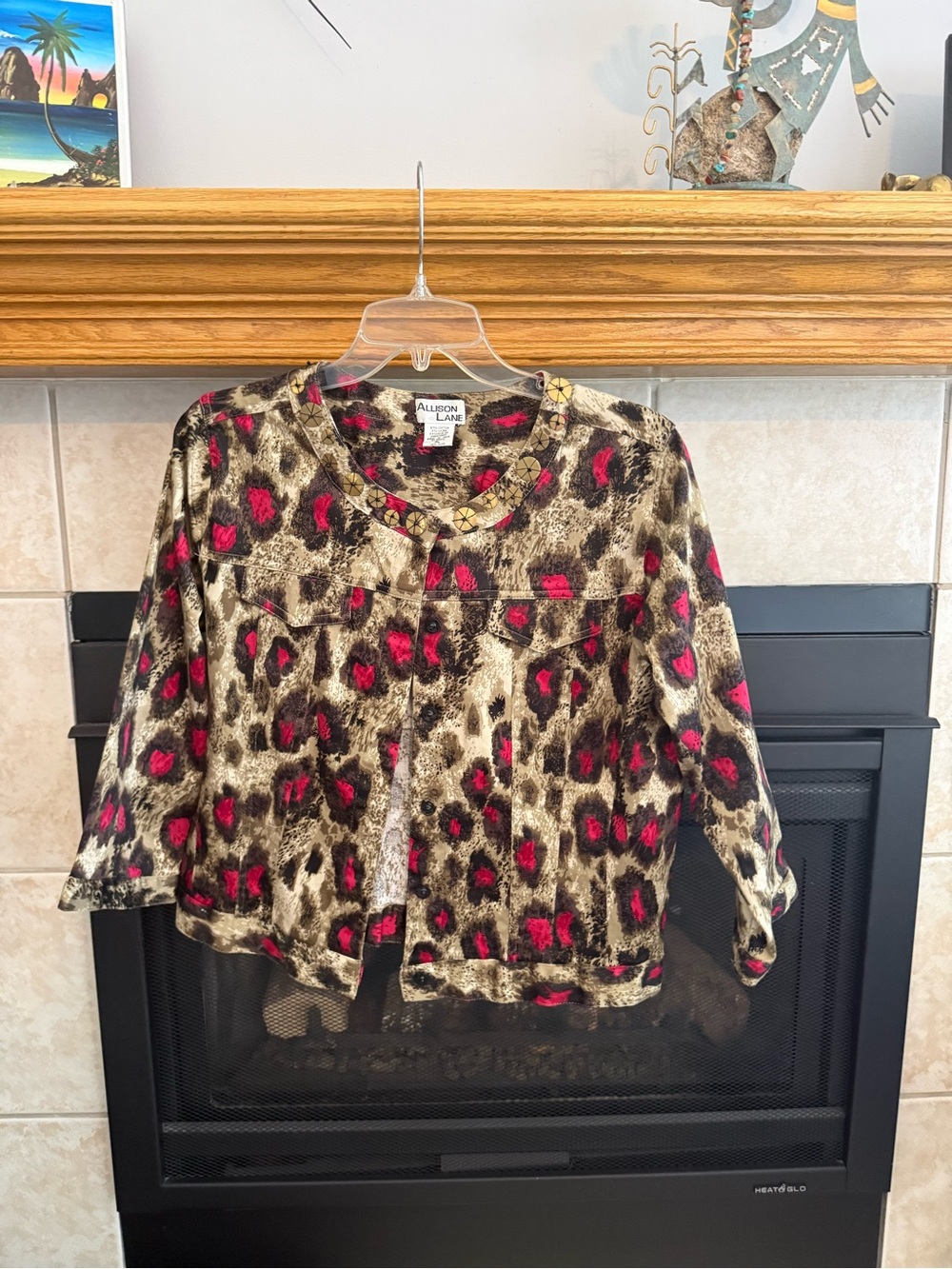 Women's Animal Print Button-Up Jacket in Beige and Pink